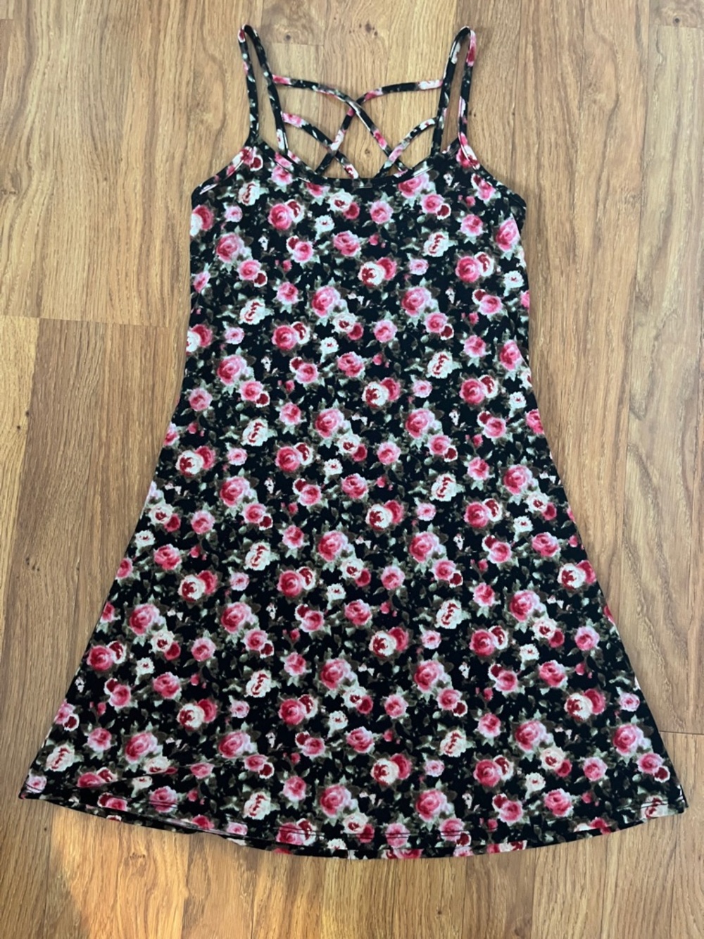 Black Floral Strappy Sundress - Pink Rose Print
